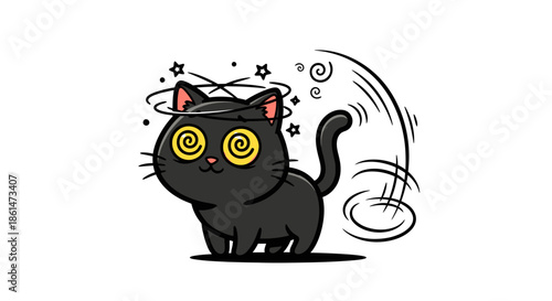 A cute cartoon black cat with spiral eyes looking dizzy and confused, with swirling lines around its head and tail.