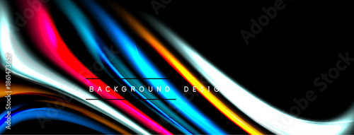 Abstract colorful lines flow across black background. Dynamic shapes create modern visual effect. Bright hues contrast dark space.