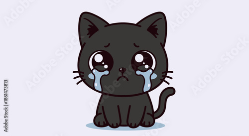 Cute black cartoon kitten with big, teary eyes sitting sadly and crying.