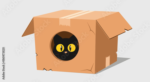 Cute black cat with yellow eyes peeking out of a cardboard box.