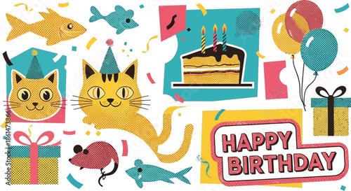 Whimsical cat birthday celebration with cake, presents, and festive decorations