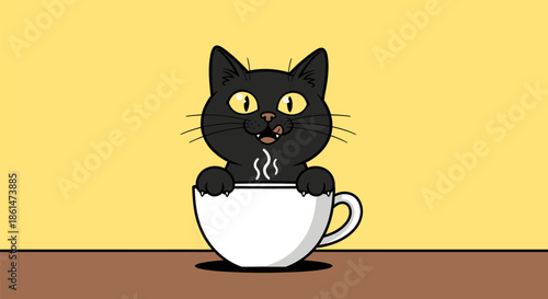 A cute black cartoon cat with wide yellow eyes peeking out of a steaming white teacup on a brown surface with a yellow background.