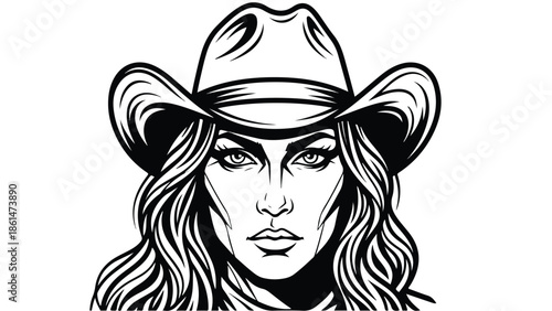 Striking Black and White Portrait of a Confident Cowgirl with Long Flowing Hair and a Classic Western Hat.