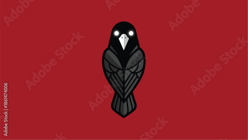 Striking black raven with glowing eyes on a vibrant red background.