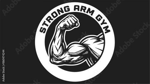 Strong Arm Gym logo with muscular bicep in a circular frame.