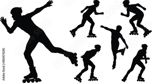 Silhouette of a roller skater performing various dynamic movements, demonstrating speed, agility, and athleticism in a sport workout
