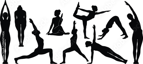 "Silhouette of a woman practicing various yoga poses including stretches, balances, and backbends for fitness and flexibility."