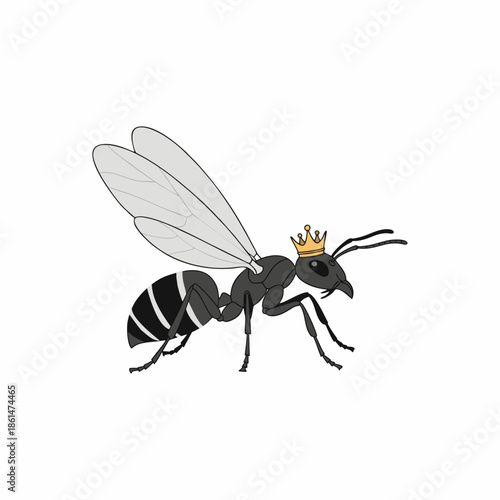 Queen Ant Wearing Golden Crown Cartoon Vector Illustration Isolated on White background