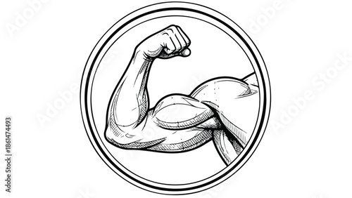 Strong Bicep Muscle Flexing in a Circular Frame.
