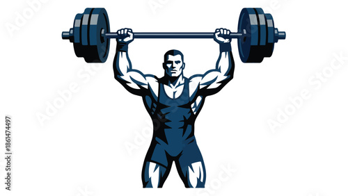 Strong Male Weightlifter Lifting Barbell Overhead in Dynamic Pose.