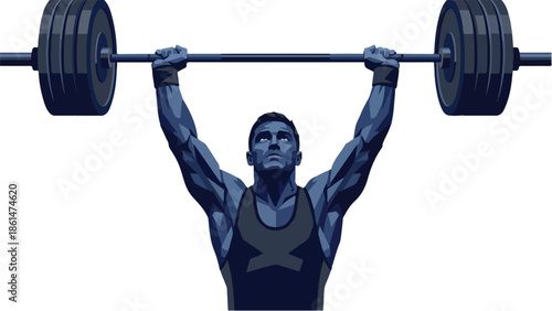 Strong man lifting heavy barbell overhead in a powerful display of strength.