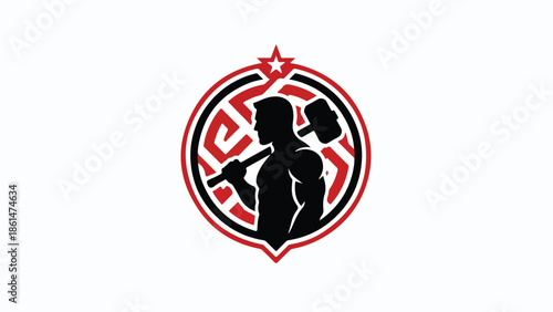 Strong man with hammer in a circular emblem symbolizing power and fitness.