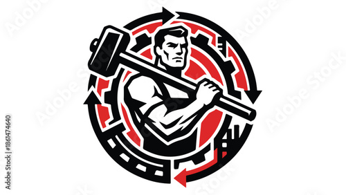 Strong man with hammer in a circular gear design.
