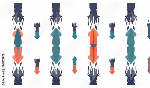 Hand drawn seafood seamless pattern with fish lobster shrimp and squid outline on pink background