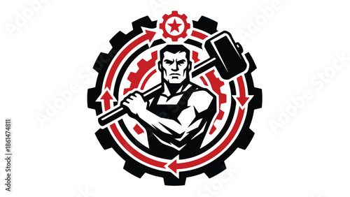 Strong Worker with Hammer and Gear Logo Design.