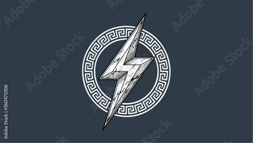 Stylized lightning bolt with Greek key pattern circle.