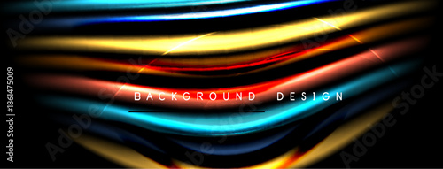 Abstract flowing lines create vibrant wave effect. Dark background emphasizes colorful light streaks, modern design element.