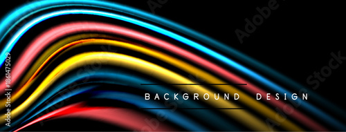Abstract colorful waves flow across black background. Dynamic lines create modern design element. Bright hues offer visual interest.