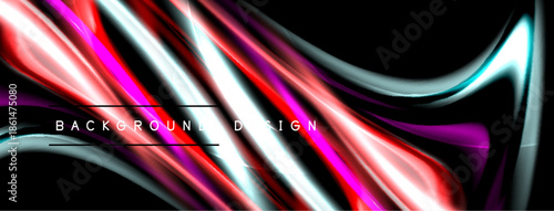 Abstract flowing lines, vibrant colors, dynamic composition. Black background emphasizes bright reds, whites, pinks. Modern design element.
