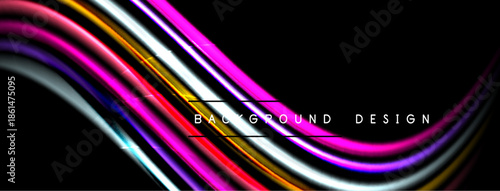 Abstract lines create vibrant, flowing shapes against dark background. Colors blend, forming dynamic visual effect. Modern design element.