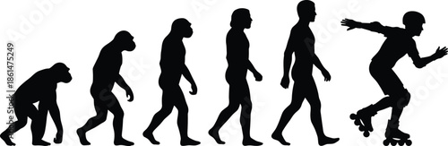 Silhouette of human evolution from ape to modern human, showcasing the progression of physical development and modern roller skating