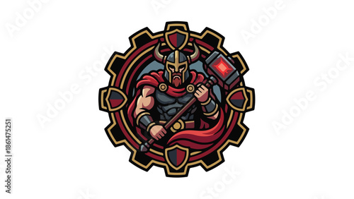 Viking warrior with horned helmet and hammer in a gear emblem.