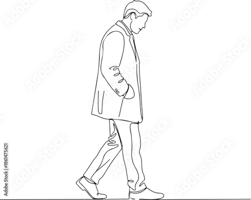 Bold line drawing lonely walking man expressing solitude journey emotion minimalist illustration on white background