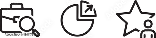 Bold line drawing business icons briefcase search investment pie chart star investor finance success concept illustration