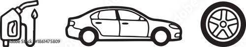 Bold line drawing business icons gas nozzle car wheel transportation fuel service concept illustration