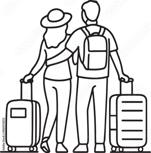 Bold line drawing travelling couple standing with baggage luggage tourism vacation concept illustration