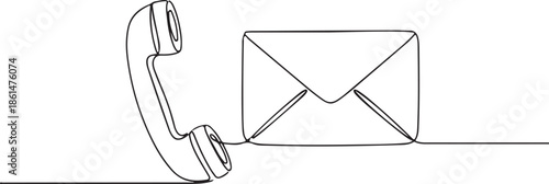 Bold one line isolated phone receiver and mail envelope communication contact support concept illustration