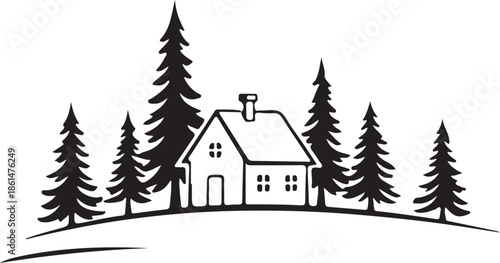 Simple elegant christmas decoration winter countryside landscape house and spruce trees illustration
