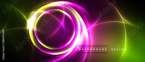 Abstract neon lights create vibrant circular patterns. Green, yellow, purple hues blend into dark background. Modern design element.