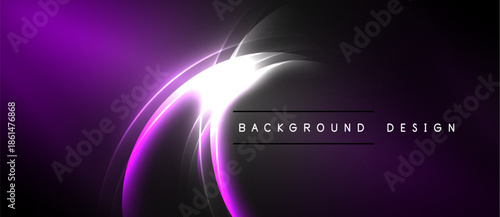 Abstract purple light streaks form dynamic curves. Bright white glow highlights central area, dark background provides contrast. Modern design element.