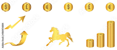 Realistic Gold Coins Money Gold Horse Cash For Gambling Games Treasure Finance or Casino Jackpot Concept Golden Coins Currency Top Side and Perspective View Vector Set on a transparent background