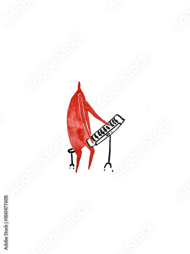 Hand paint watercolor stick figure illustration. Watercolor people. A man is sitting on a chair and playing a synthesizer. Music festival.