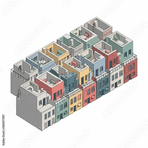 Colorful Isometric Townhouses with Open Roofs and Visible Interiors.