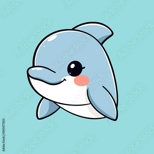 A cartoon dolphin with a cheerful expression swimming in a calm sea from a front viewpoint