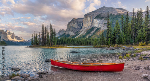 Canoe at Spirit Island on Maligne Lake in the Jasper National Park