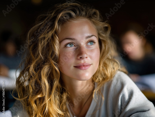 Wallpaper Mural Young woman with curly hair in a classroom during a study session Torontodigital.ca