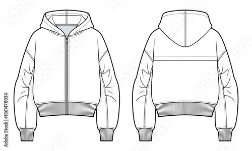 Zip-Up Hooded Jacket with Ruched Sleeves Technical Illustration. Cropped Hoodie, Front Zip, Ribbed Hem and Cuffs. Front and Back Views. Unisex Outerwear CAD Mockup.