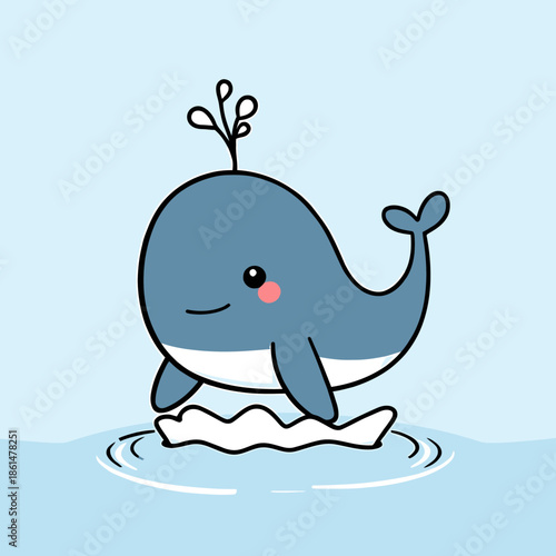 A cartoon whale is standing on a wave in the water with a splash on its head viewed from the side