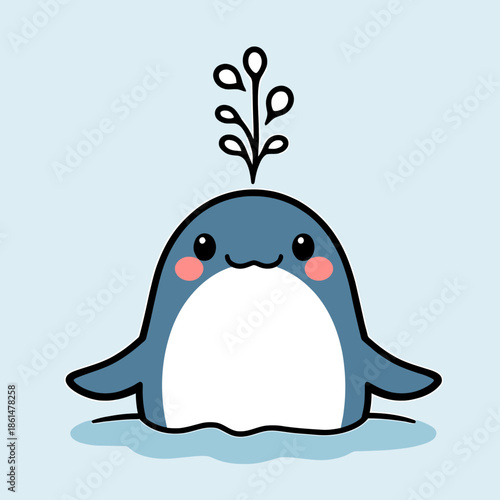 A cartoon whale with a spout on its head in the water