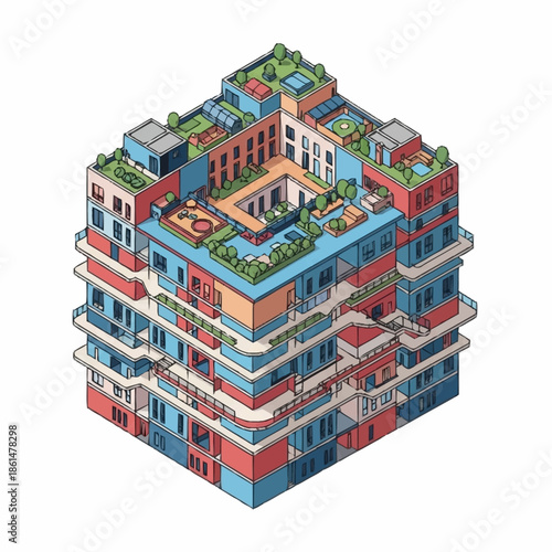 Isometric building with rooftop gardens and balconies.
