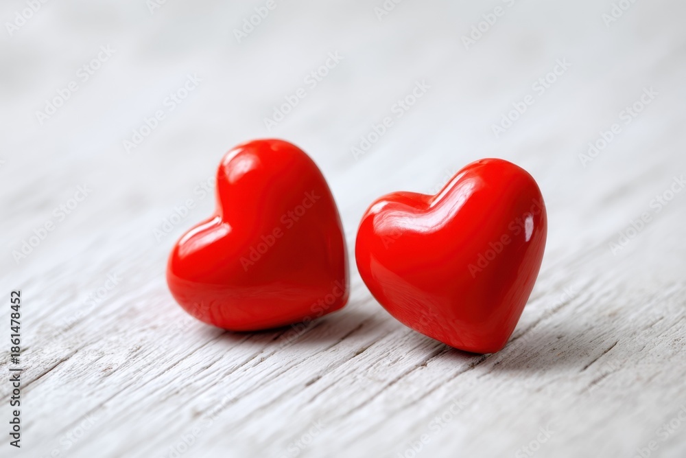 Fototapeta premium Two glossy red hearts on a bright white background evoke feelings of love and affection in a simple yet elegant setting