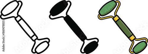 Jade Roller Vector Icons Set: Skincare Beauty Tool for Facial Massage, Anti-Aging, Wellness & Relaxation Graphics