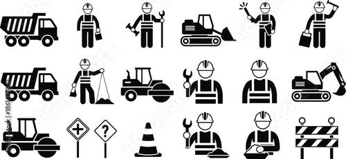 Black and white construction set with workers and machines symbols