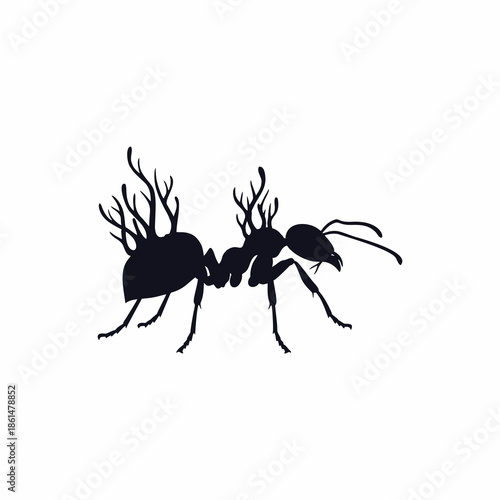 Zombie Ant Vector Silhouette with Parasitic Fungus Growing from Its Body