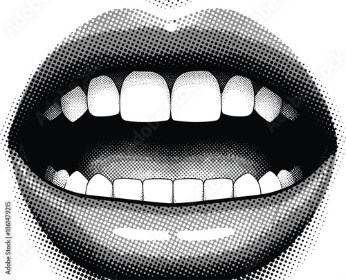 Black and white halftone of open mouth with teeth lips