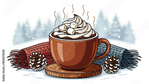 Cozy winter scene with steaming hot chocolate and marshmallows